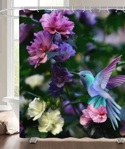 Cute Birds Hummingbird and Flowers Water-Repellent Shower Curtain