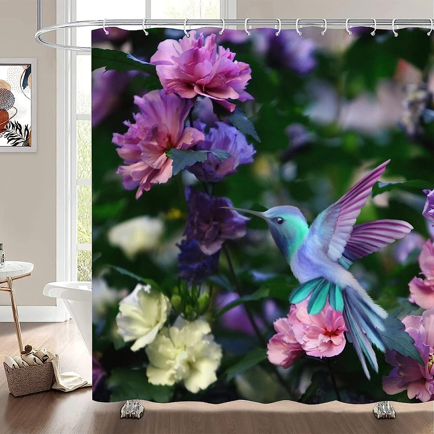 Cute Birds Hummingbird and Flowers Water-Repellent Shower Curtain