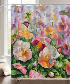 Cute Birds View Fabric Shower Curtain with Hummingbird and Flowers Print
