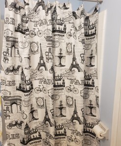 Cute Black And White Shower Curtain With Paris Apt And Eiffel Tower Prints Featuring Hooks