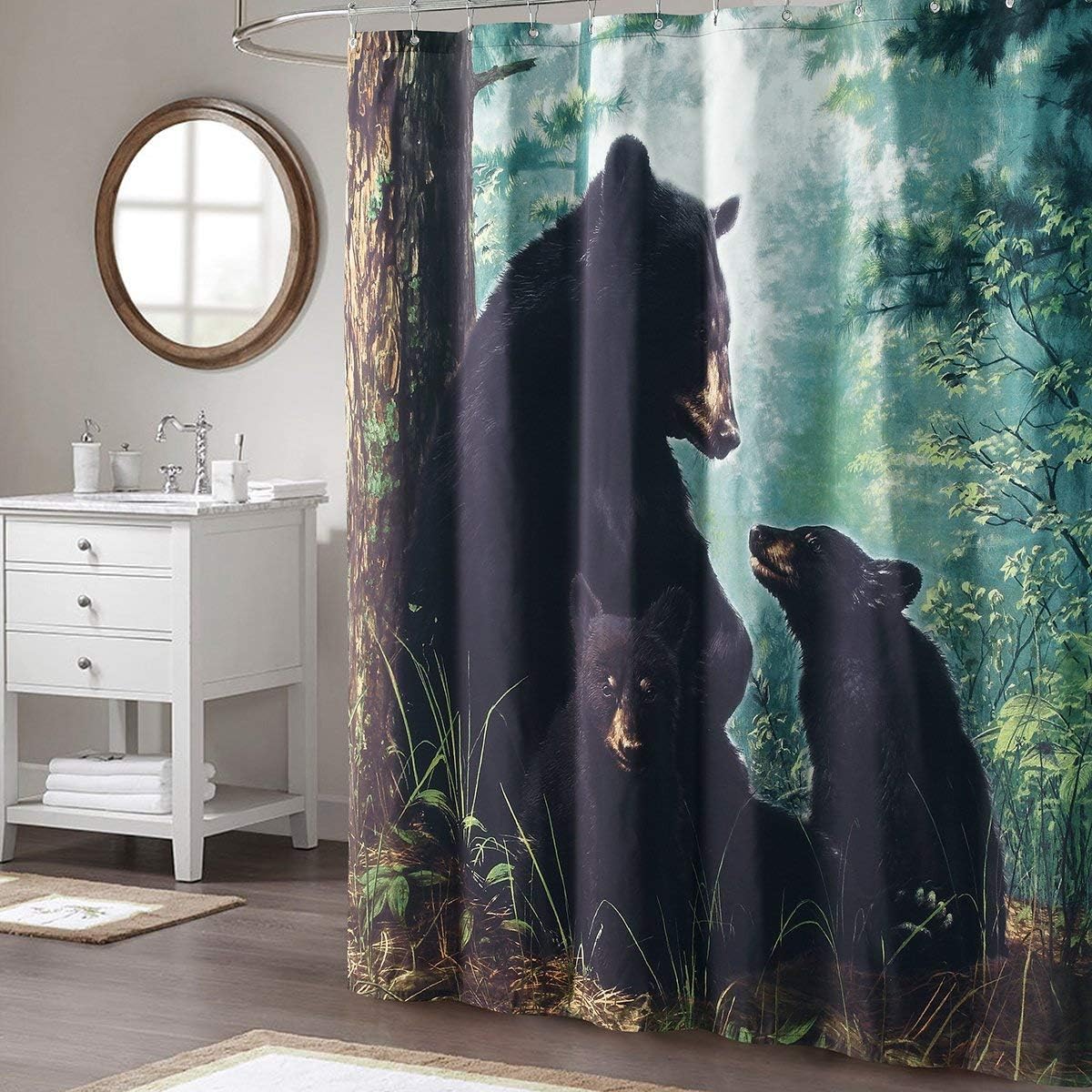 Cute Black Bear And Green Printed Animal Waterproof Shower Curtain - Waterproof And Long-Lasting - Image 2