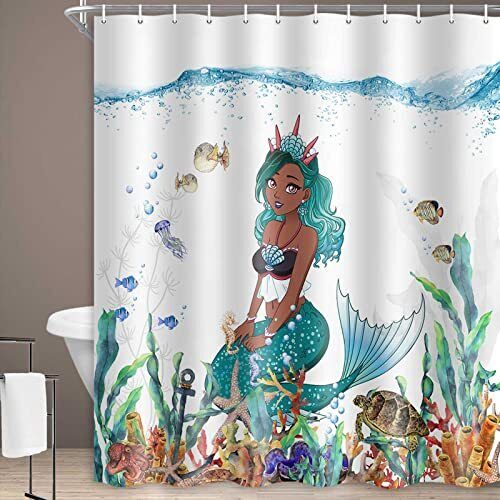 Cute Black Girl Underwater Mermaid Shower Curtain for Your Ocean Themed Bathroom
