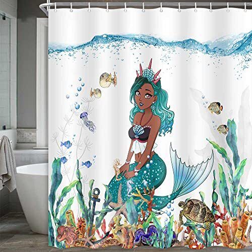 Cute Black Girl Underwater Mermaid Shower Curtain for Your Ocean Themed Bathroom