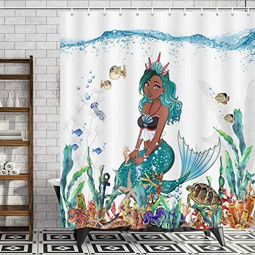Cute Black Girl Underwater Mermaid Shower Curtain for Your Ocean Themed Bathroom