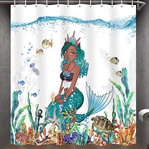 Cute Black Girl Underwater Mermaid Shower Curtain for Your Ocean Themed Bathroom