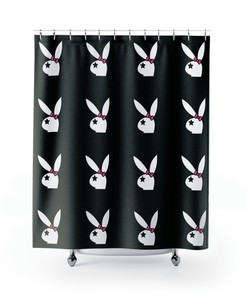 Cute Black and Pink Shower Curtain with White Rabbit, Star and Bow, Y2K Aesthetic Girls Bathroom Decor