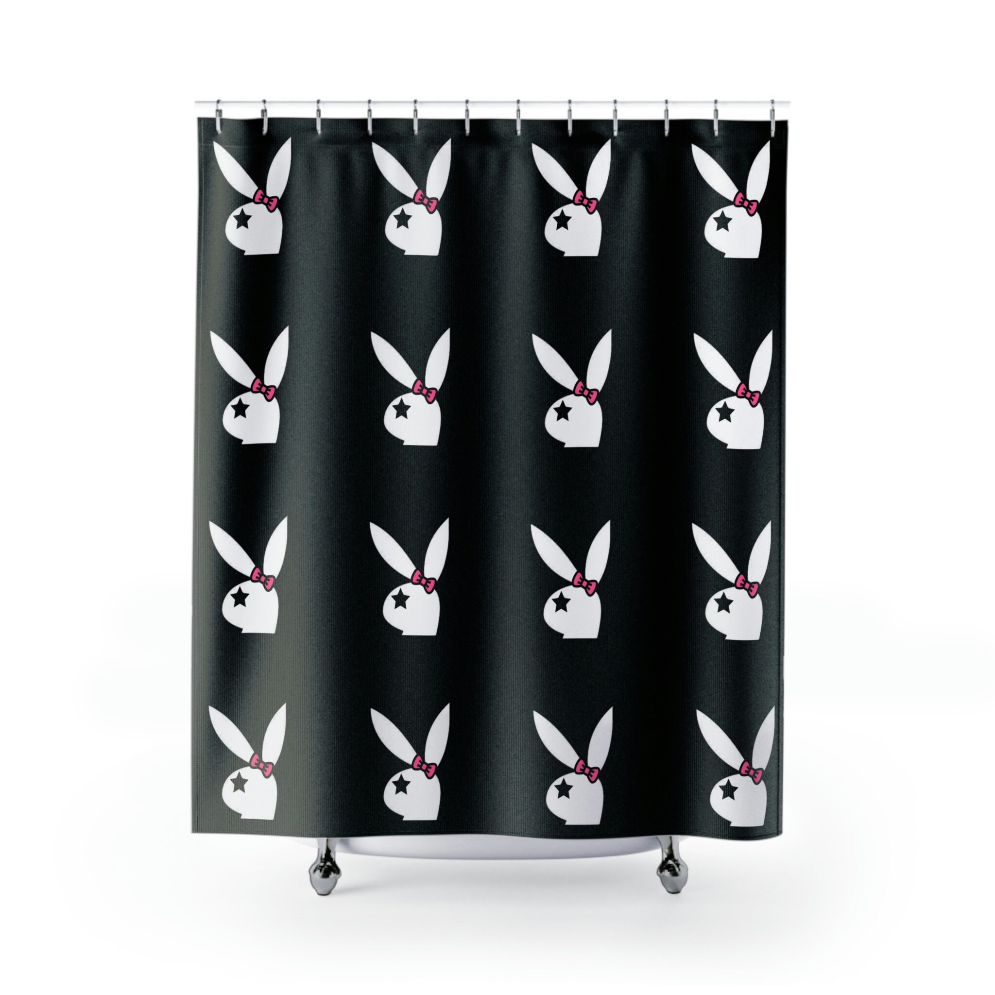 Cute Black and Pink Shower Curtain with White Rabbit, Star and Bow, Y2K Aesthetic Girls Bathroom Decor