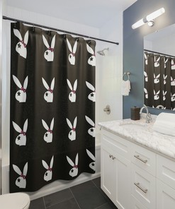 Cute Black and Pink Shower Curtain with White Rabbit, Star and Bow, Y2K Aesthetic Girls Bathroom Decor