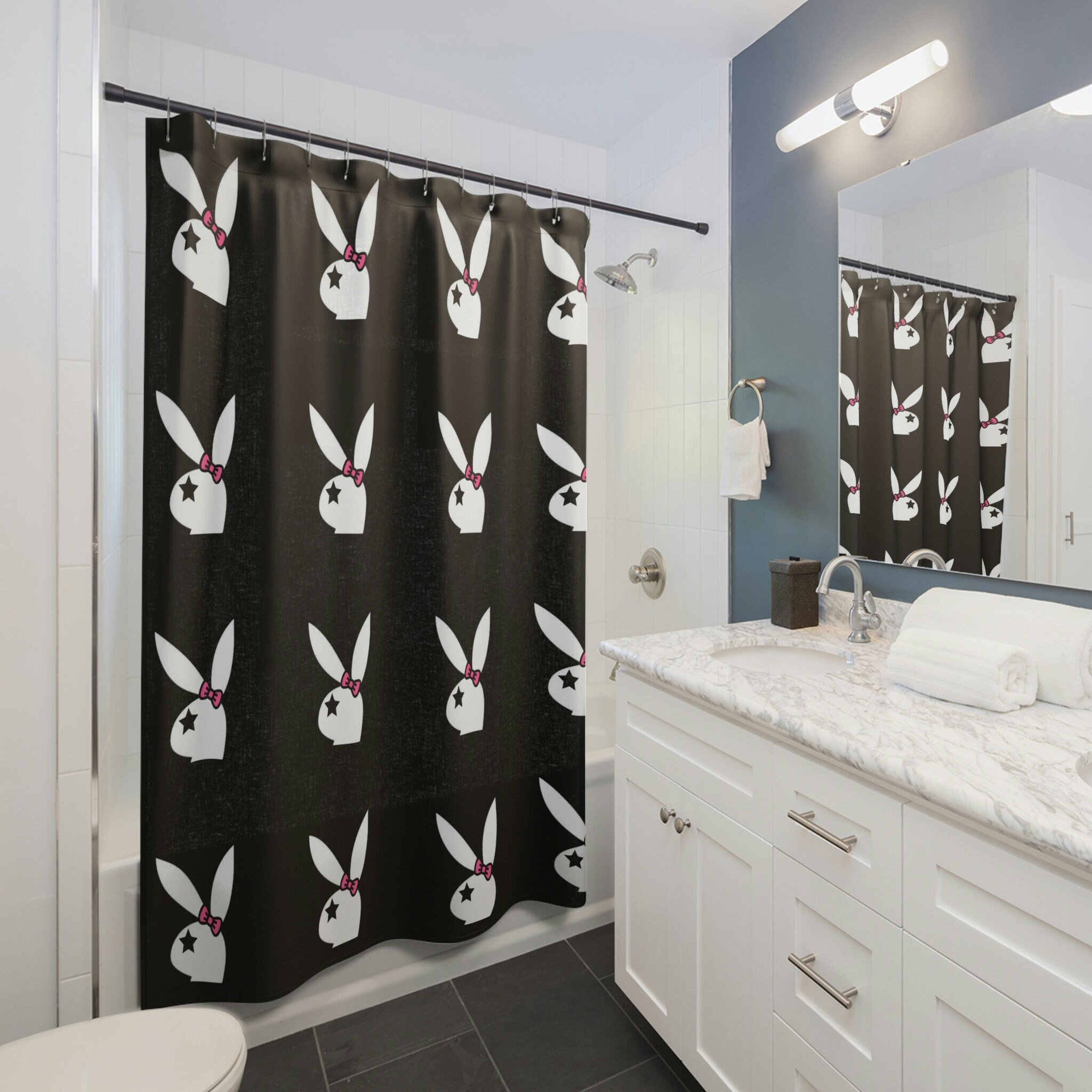 Cute Black and Pink Shower Curtain with White Rabbit, Star and Bow, Y2K Aesthetic Girls Bathroom Decor