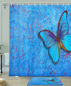 Cute Blue Butterfly Shower Curtain With Fabric Material For Bathroom Decoration