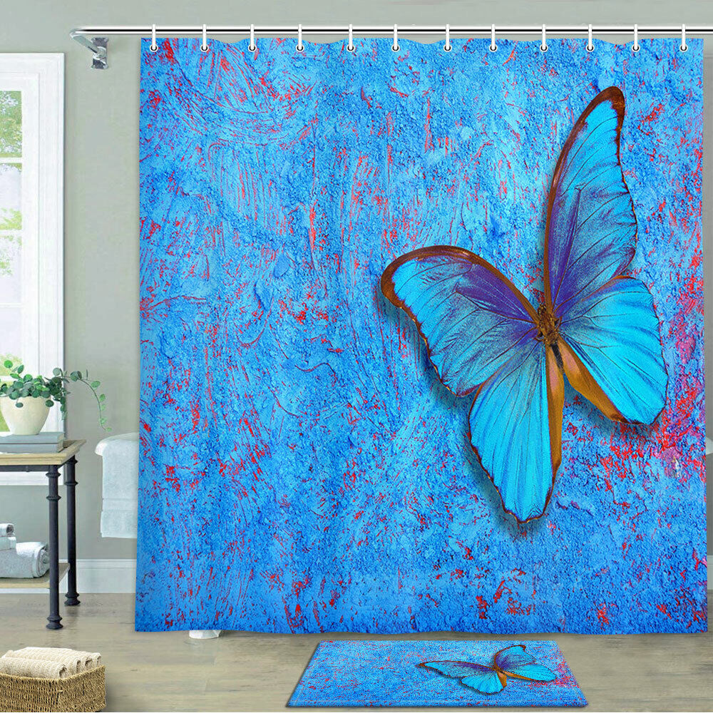 Cute Blue Butterfly Shower Curtain With Fabric Material For Bathroom Decoration