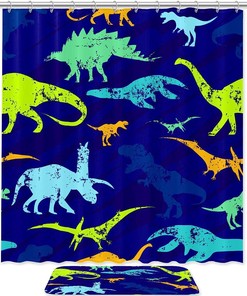 Cute Blue Dinosaur Shower Curtain Made With Waterproof Fabric For A Durable Bathroom Decor