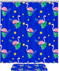 Cute Blue Flamingo With Flowers Shower Curtain With Waterproof Fabric Material For Bathroom Decor