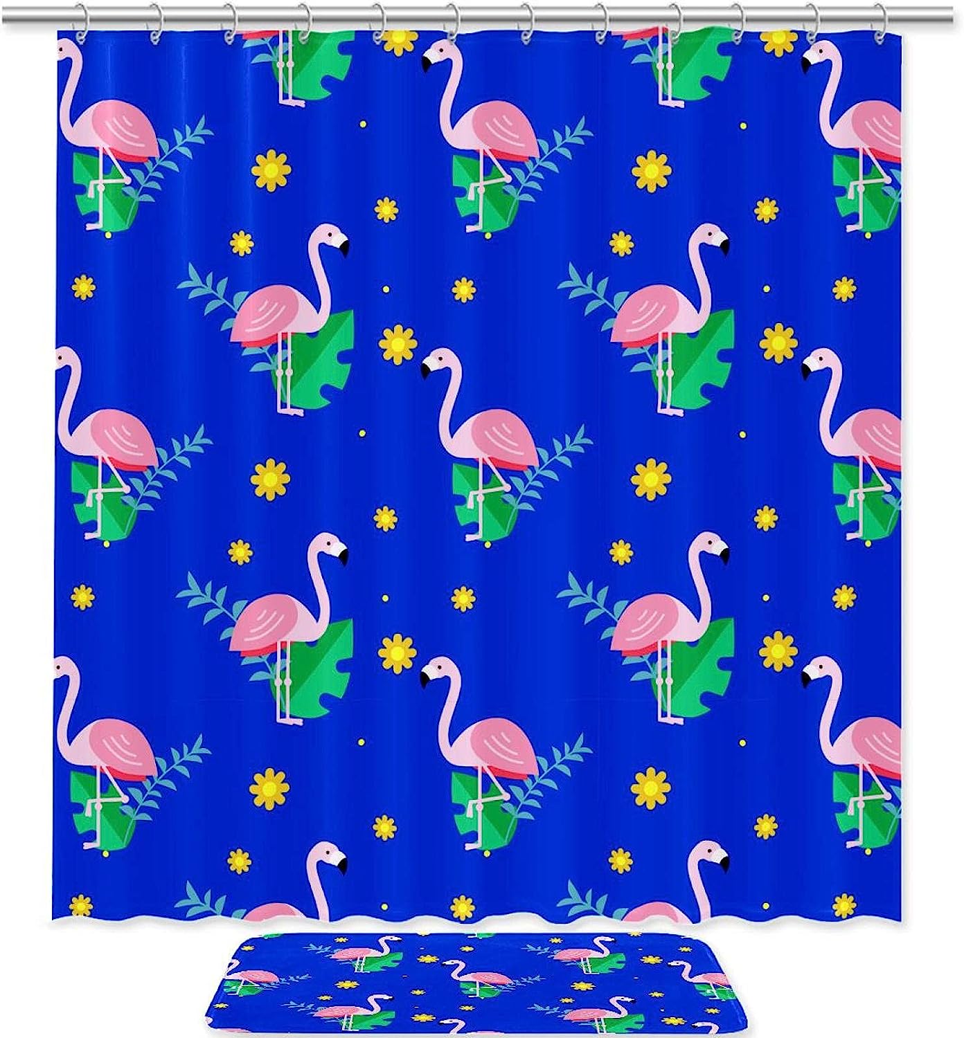 Cute Blue Flamingo With Flowers Shower Curtain With Waterproof Fabric Material For Bathroom Decor