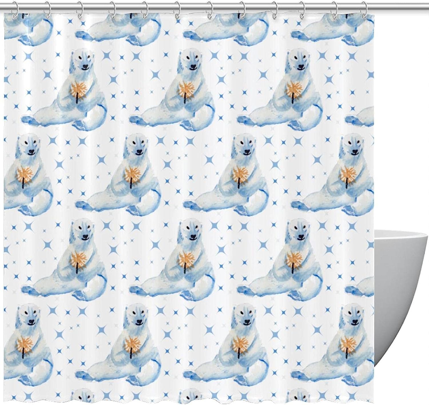 Cute Blue Polar Bear Shower Curtain With Waterproof Fabric, Animal Bathroom Decor