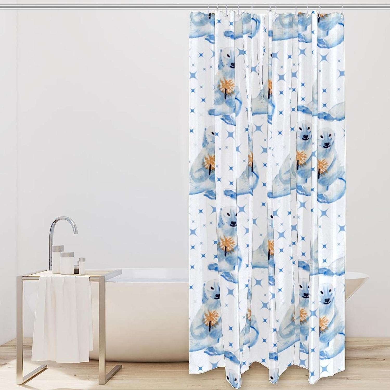 Cute Blue Polar Bear Shower Curtain With Waterproof Fabric, Animal Bathroom Decor - Image 2
