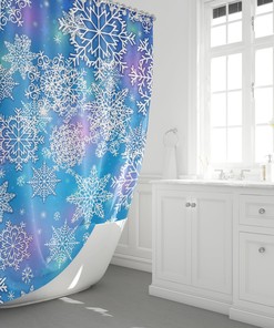 Cute Blue Xmas Bath Decor Shower Curtain with Snowflakes and Bathmat