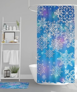 Cute Blue Xmas Bath Decor Shower Curtain with Snowflakes and Bathmat