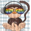Cute Brown Monkey with Rainbow Sunglasses on Blue White Stripes Print Shower Curtain