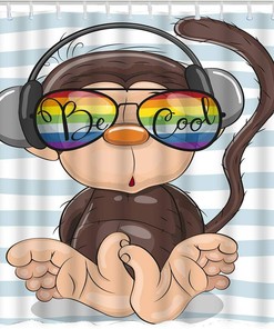 Cute Brown Monkey with Rainbow Sunglasses on Blue White Stripes Print Shower Curtain