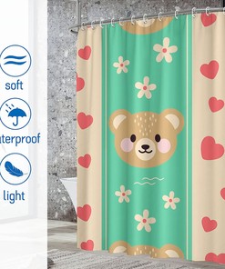 Cute Brown Teddy Bear Heart Unique Shower Curtain Kids Bathroom Shower Curtain Waterproof Washable