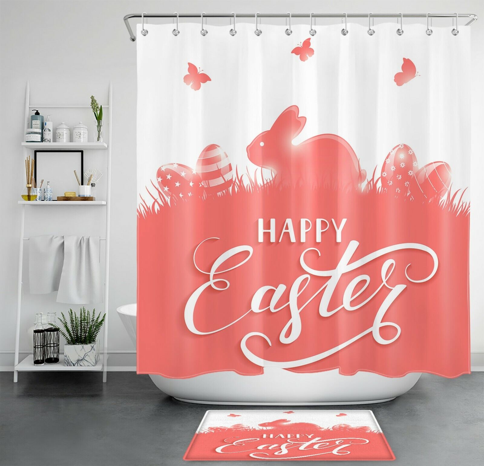 Cute Bunny Egg Butterfly Shower Curtain For Easter Bathroom Accessories