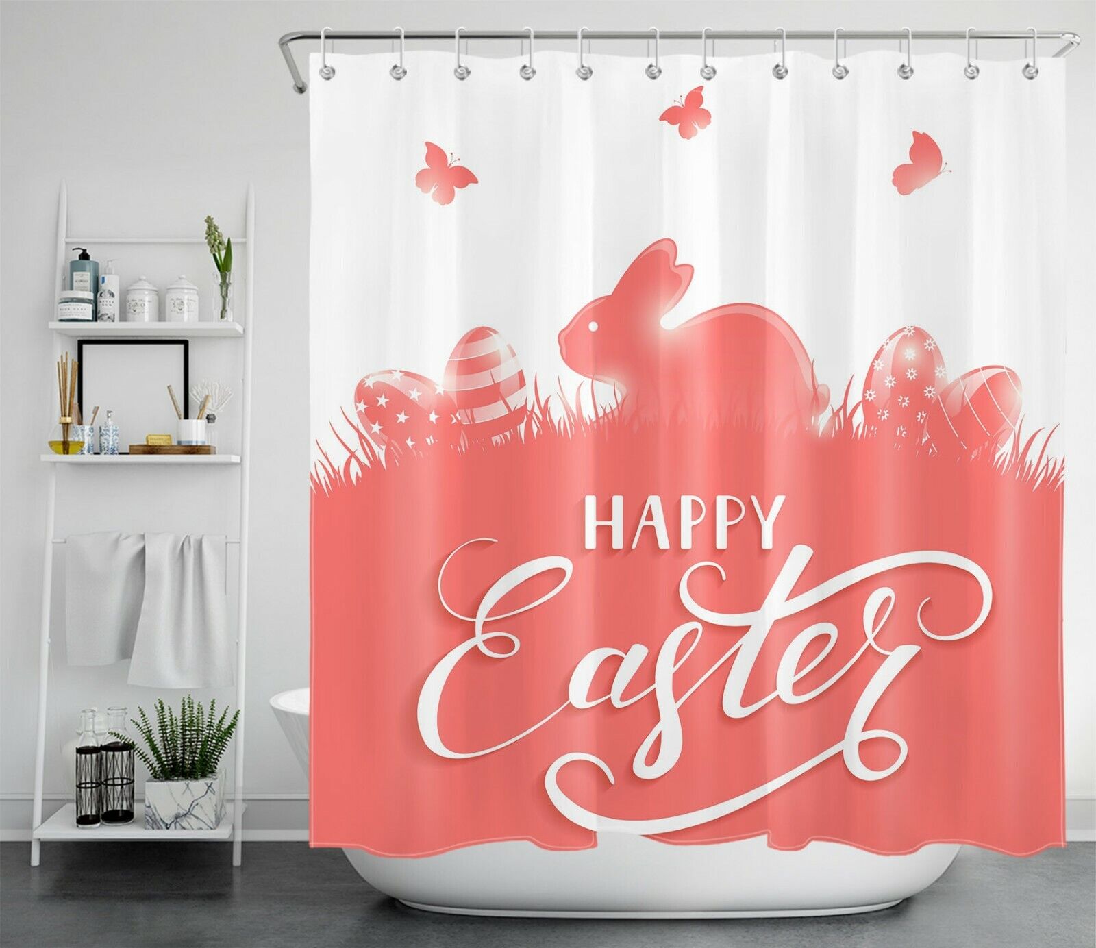 Cute Bunny Egg Butterfly Shower Curtain For Easter Bathroom Accessories