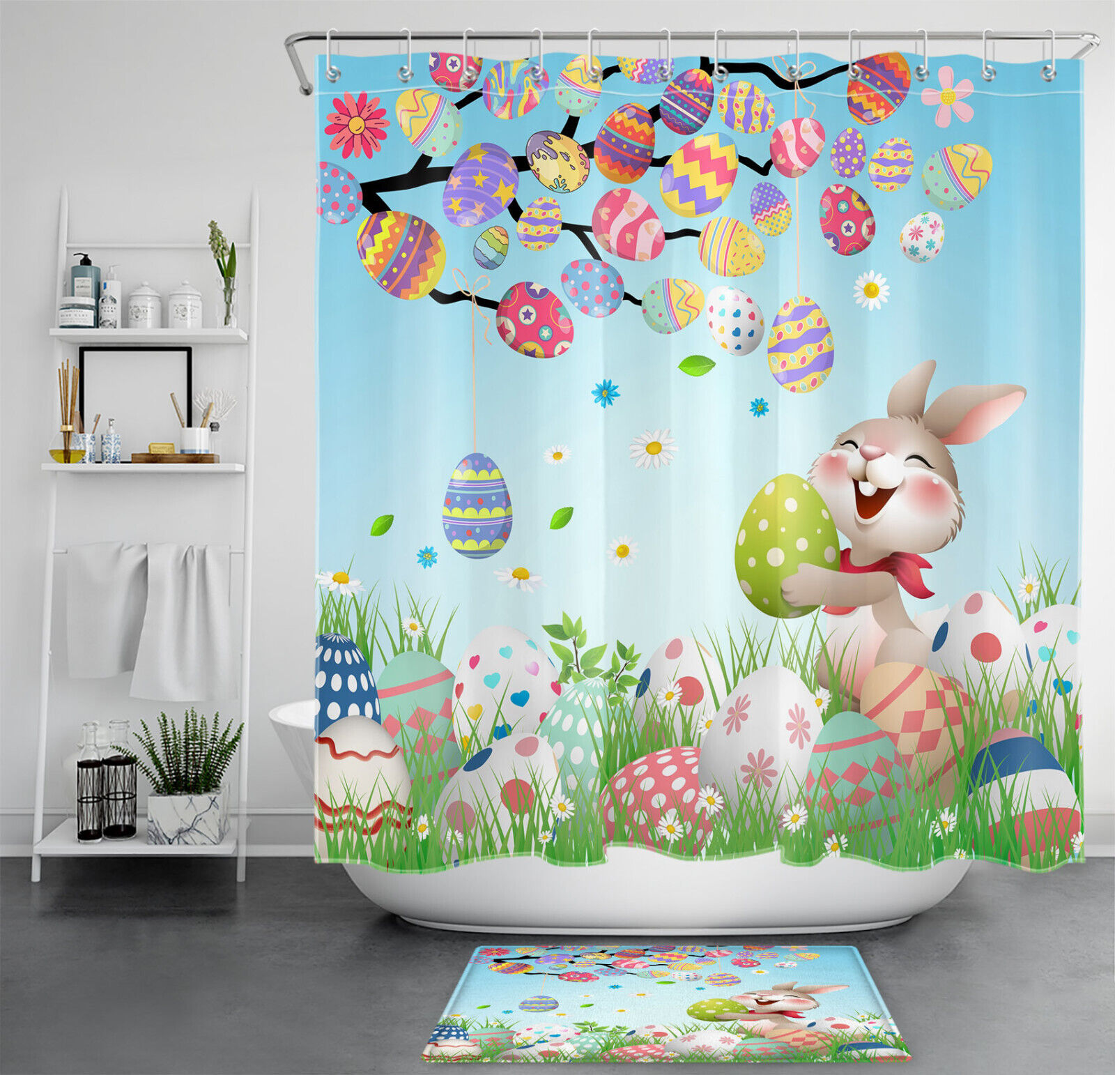Cute Bunny Eggs Easter Floral Shower Curtain for Kids' Bathroom