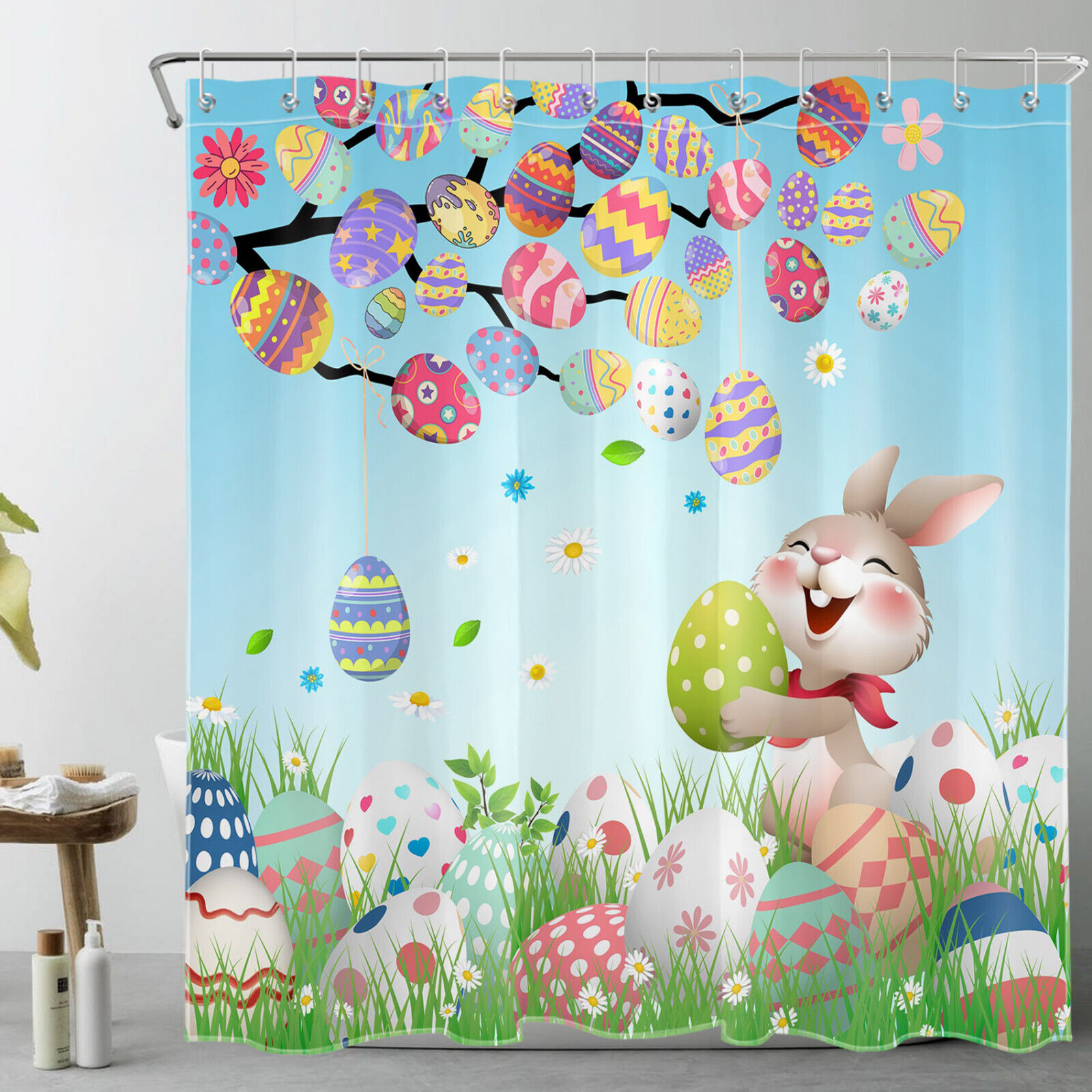 Cute Bunny Eggs Easter Floral Shower Curtain for Kids' Bathroom