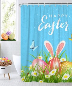 Cute Bunny Rabbit Ear Spring Floral Shower Curtain For Happy Easter Bathroom Decor 