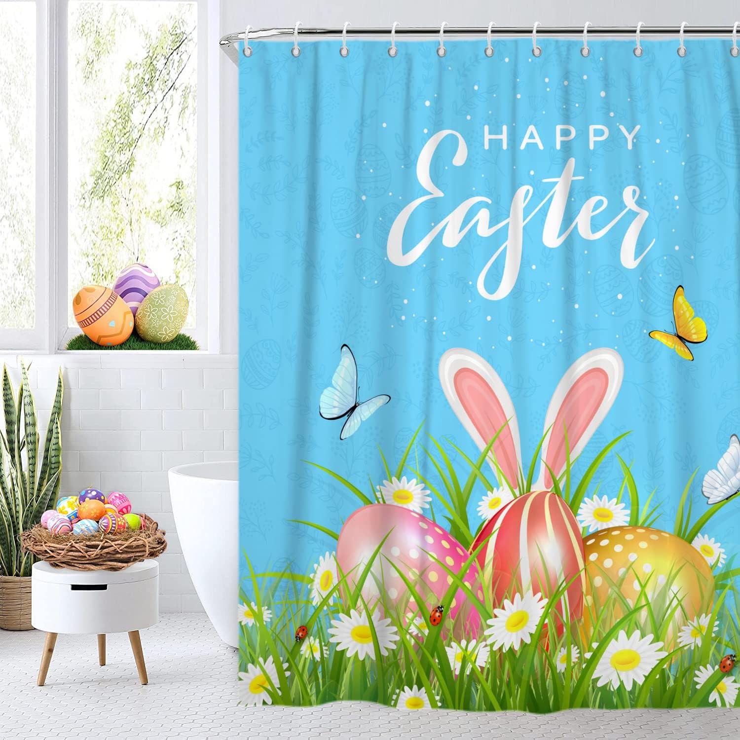 Cute Bunny Rabbit Ear Spring Floral Shower Curtain For Happy Easter Bathroom Decor