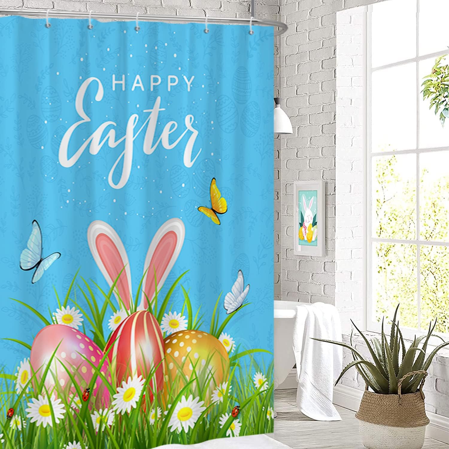 Cute Bunny Rabbit Ear Spring Floral Shower Curtain For Happy Easter Bathroom Decor