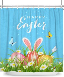 Cute Bunny Rabbit Ear Spring Floral Shower Curtain For Happy Easter Bathroom Decor
