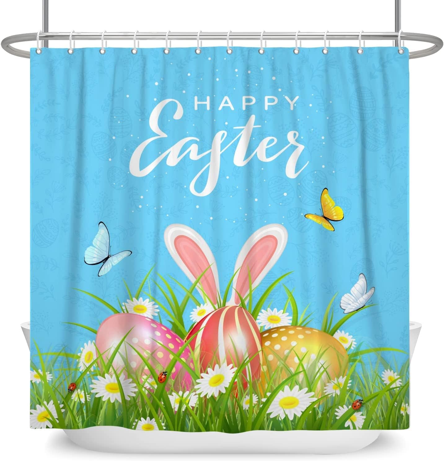 Cute Bunny Rabbit Ear Spring Floral Shower Curtain For Happy Easter Bathroom Decor