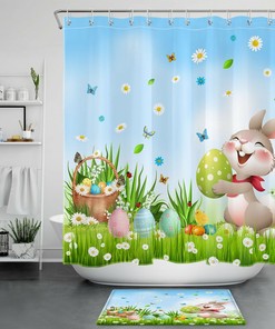 Cute Bunny Shower Curtain With Easter Eggs - Spring Floral Bathroom Decor