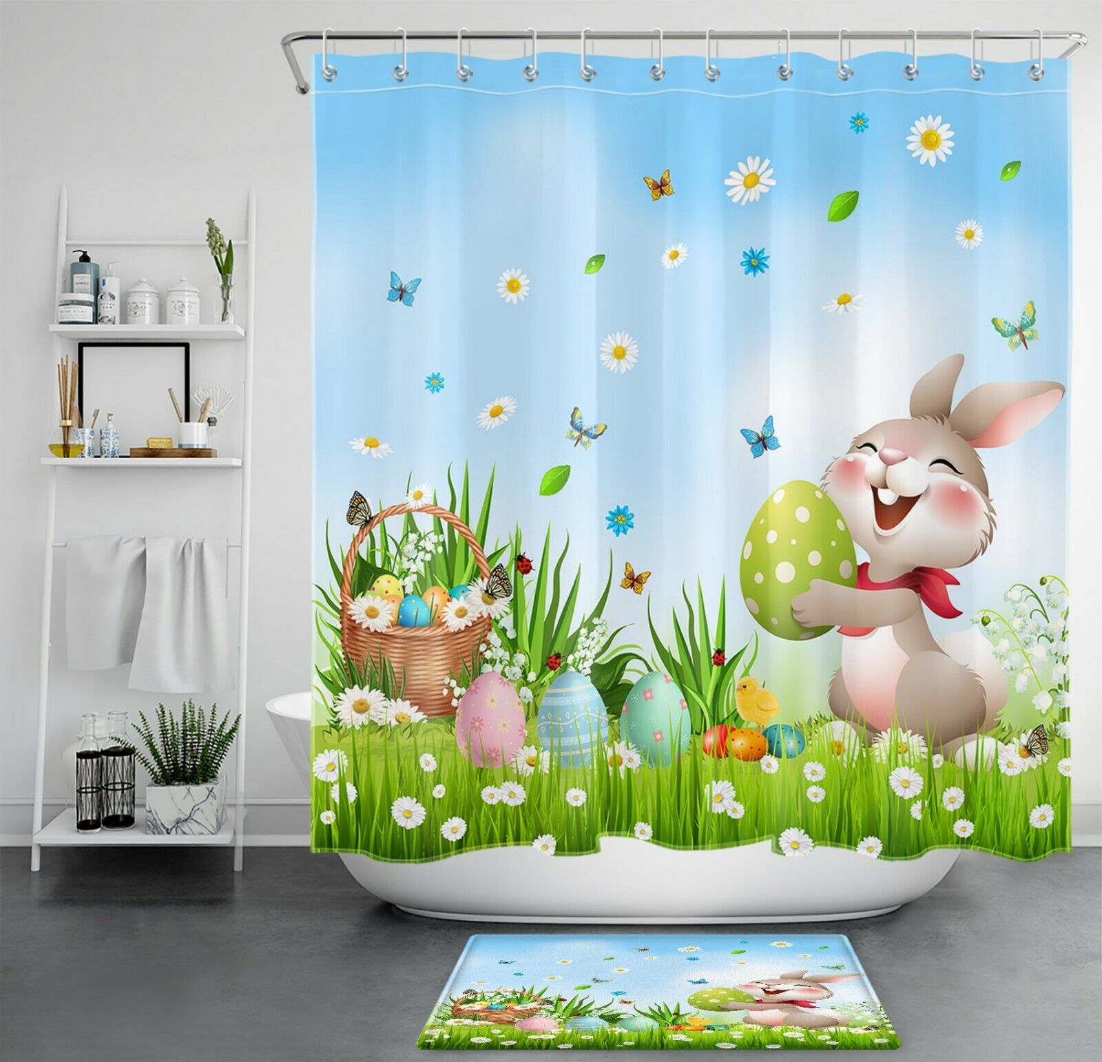 Cute Bunny Shower Curtain With Easter Eggs - Spring Floral Bathroom Decor