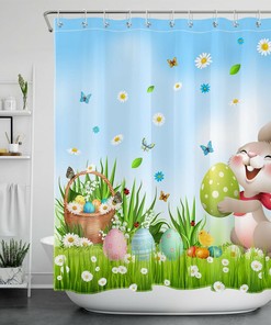 Cute Bunny Shower Curtain With Easter Eggs - Spring Floral Bathroom Decor