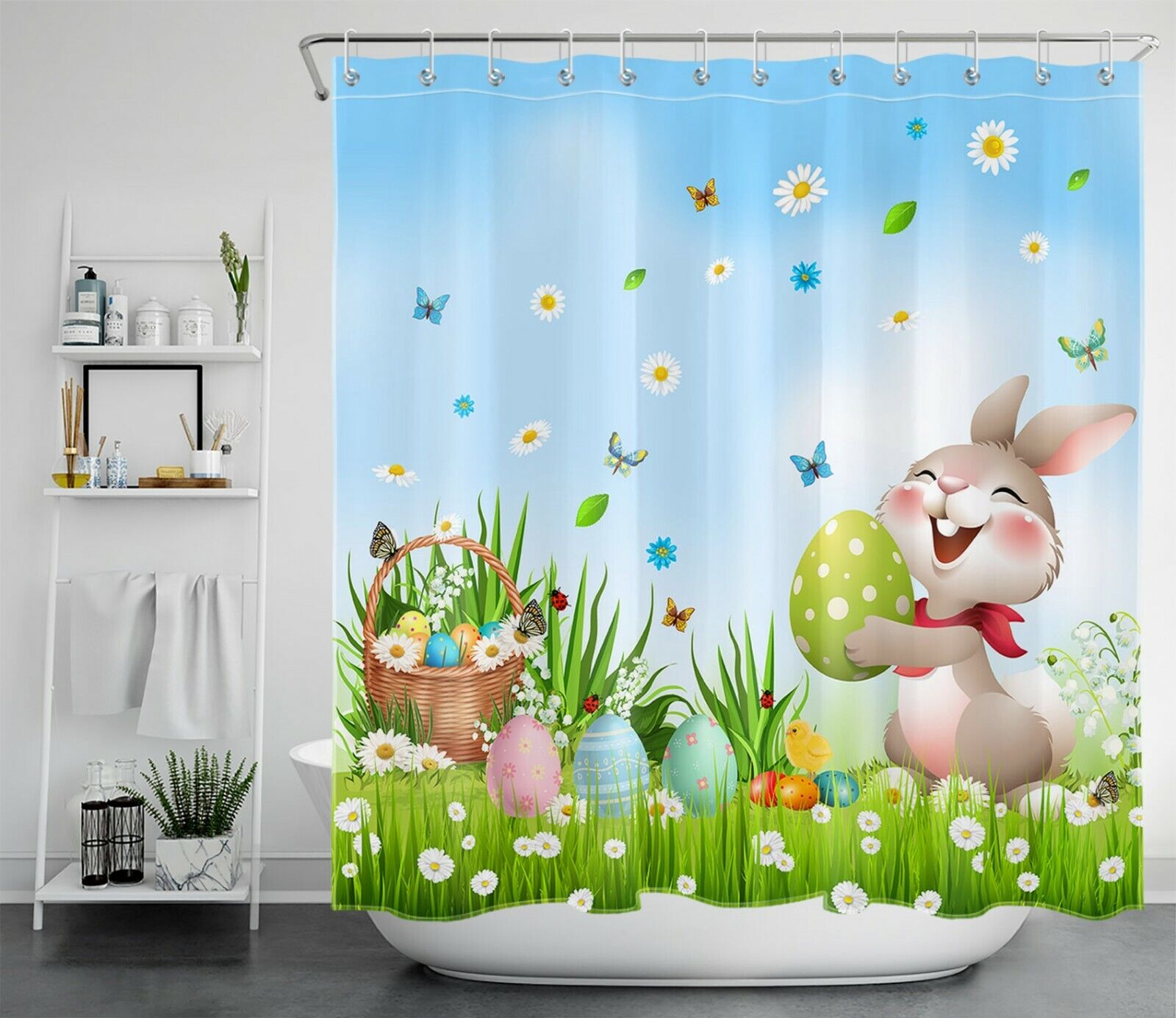 Cute Bunny Shower Curtain With Easter Eggs - Spring Floral Bathroom Decor