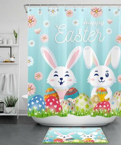 Cute Bunny With Spring Colored Flowers And Eggs Shower Curtain For Easter Bathroom