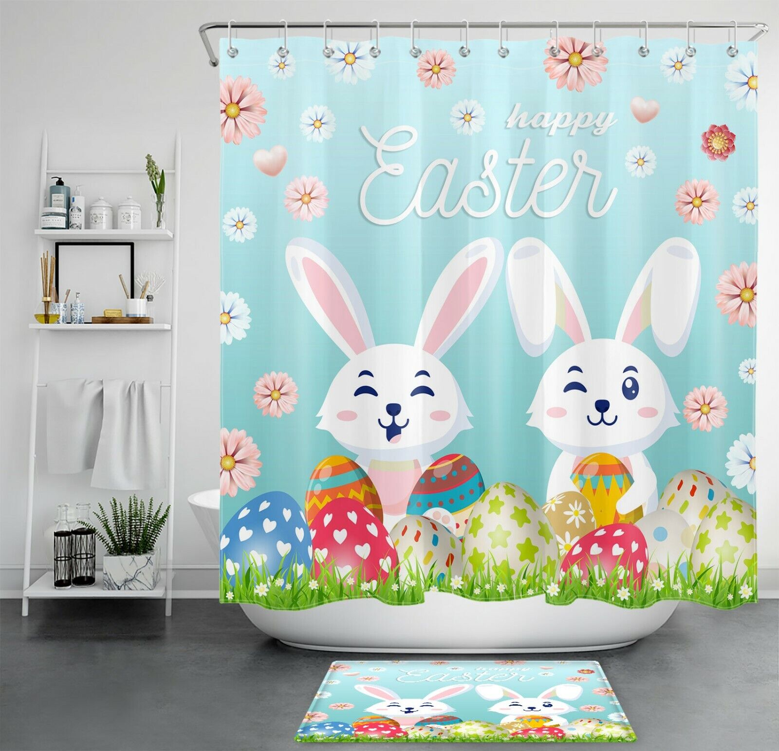 Cute Bunny With Spring Colored Flowers And Eggs Shower Curtain For Easter Bathroom