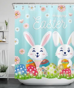 Cute Bunny With Spring Colored Flowers And Eggs Shower Curtain For Easter Bathroom