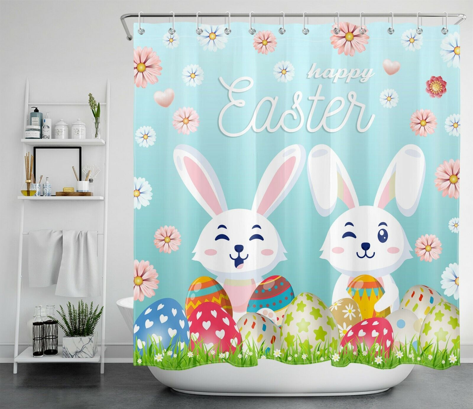 Cute Bunny With Spring Colored Flowers And Eggs Shower Curtain For Easter Bathroom
