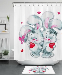 Cute Bunny with Red Hearts Shower Curtain for Bathroom Decor