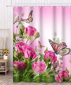Cute Butterfly Floral Shower Curtain with Pink Rose Blossoms