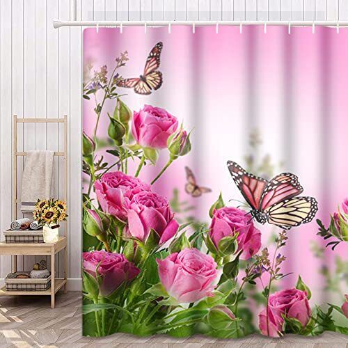 Cute Butterfly Floral Shower Curtain with Pink Rose Blossoms