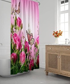 Cute Butterfly Floral Shower Curtain with Pink Rose Blossoms