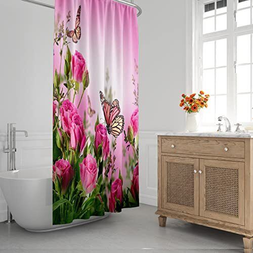 Cute Butterfly Floral Shower Curtain with Pink Rose Blossoms