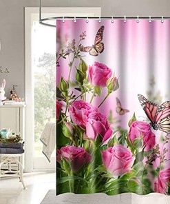 Cute Butterfly Floral Shower Curtain with Pink Rose Blossoms