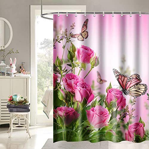 Cute Butterfly Floral Shower Curtain with Pink Rose Blossoms