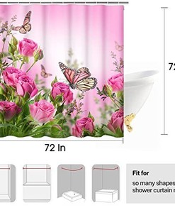 Cute Butterfly Floral Shower Curtain with Pink Rose Blossoms